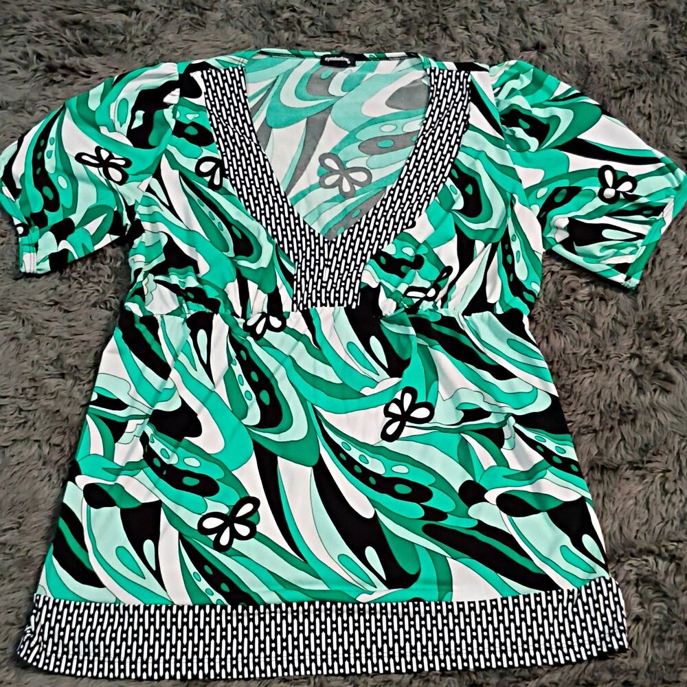 eyeshadow Green Black White Abstract Tunic Blouse 3/4 Sleeve V-Neck M
